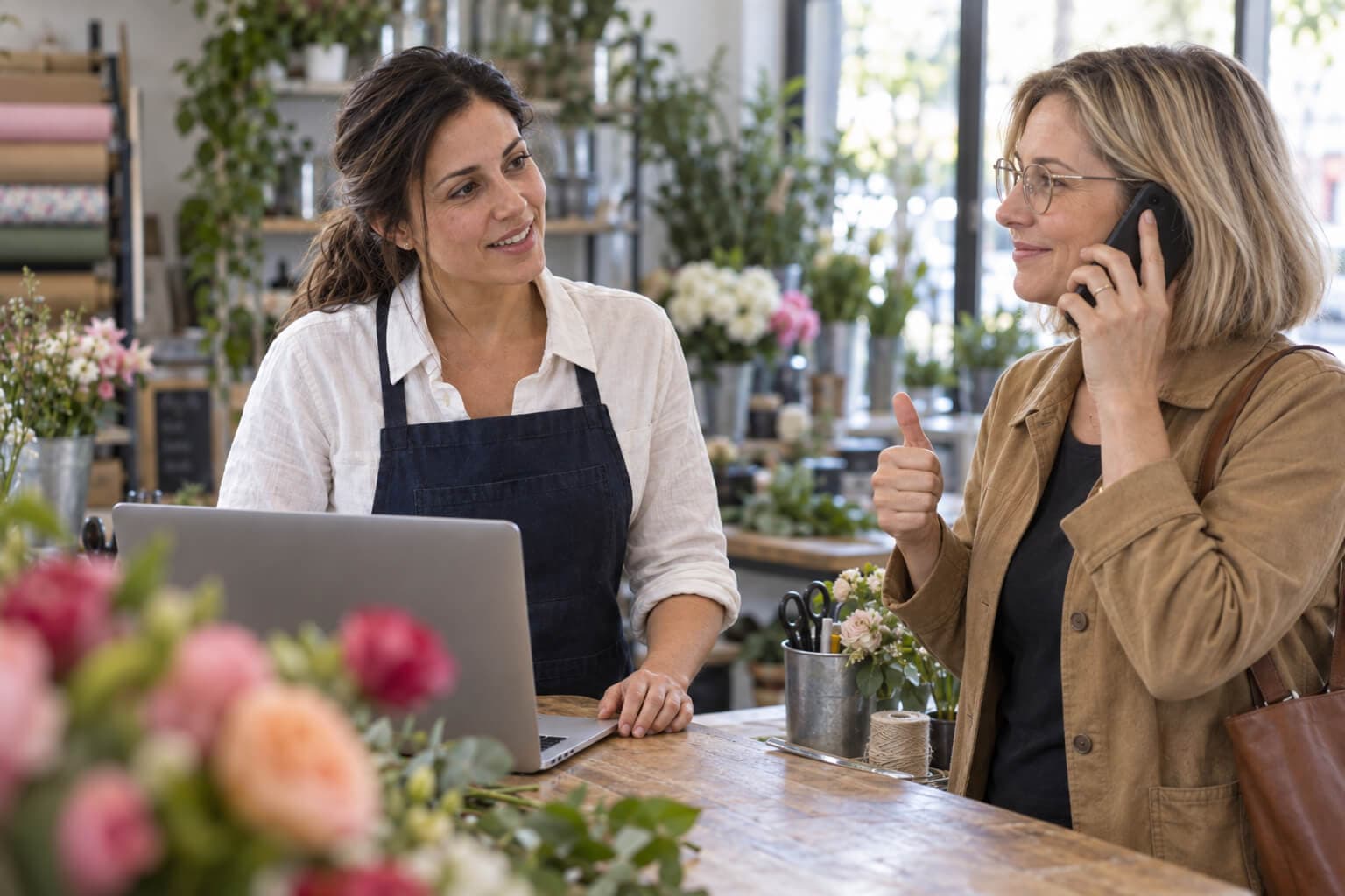 Mariana Bianor, Small business owner. Mariana Bianor (in the apron) and a customer