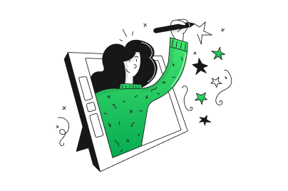 A person reaches out of a picture frame toward stars.